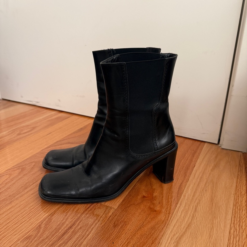 Via Spiga Black Leather Mid-Calf Block Heel Ankle Boots